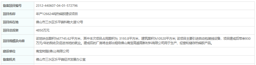 年产12.7万吨！南宝树脂拟建热熔胶项目